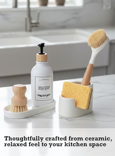 Ceramic Sponge Holder for Kitchen Sink, 2-in-1 Sponge & Brush Organizer, Compact Countertop Sink Caddy with Raised Edge to Catch Drips, Keeps Countertops Dry, Dishwasher Safe, Rustproof, White - size: L-Shape