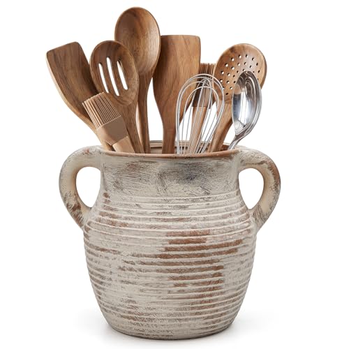 Rustic Utensil Holder for Kitchen Counter - Large Ceramic Farmhouse Cooking Utensil Crock & Organizer for Spatula, Spoon - Vintage Kitchen Decor (Taupe) - color: Taupe