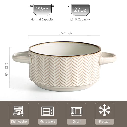 Ceramic Soup Bowls Set - 27 Oz French Onion Soup Crocks with Handles | Embossed Stoneware Bowls for Soup Chili Beef Stew-Microwave Dishwasher Oven Safe-Set of 4 Leaf Pattern - color: white-leaf