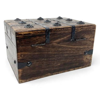 Treasure Chest Wooden Box with Antique Iron Lock and Skeleton Key (Small 8x6x4.5) - Storage and Decor – Pirate Keepsake Chest, Decorative Storage Box with Hinged Lid - size: Small 8 x 6 x 4.5"