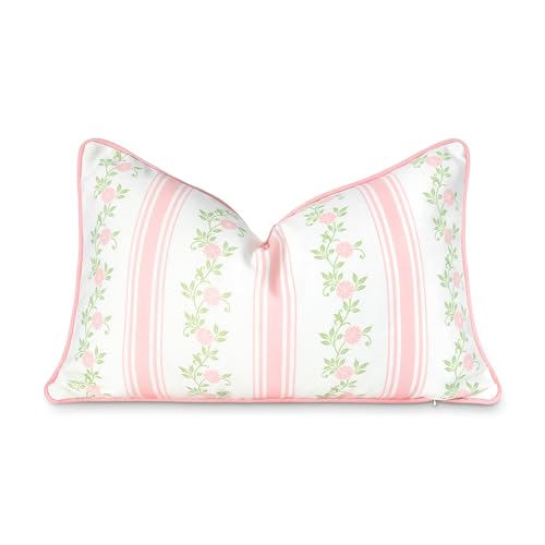 Hofdeco Premium Coastal Patio Indoor Outdoor Lumbar Pillow Cover Only, 12"x20" Water Repellent for Backyard, Couch, Blush Pink Print Stripe Floral - color: Blush Pink Stripe Floral 12"x20", size: 12"x20"