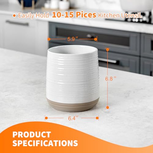 6.8" Large Ceramic Kitchen Utensil Holder | Utensil Holder for Kitchen Counter, Modern Farmhouse Style Holder for Spoons, Spatulas & Cooking Tools (White)