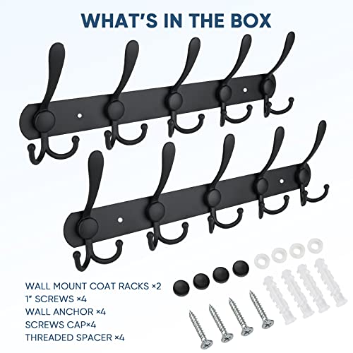 TICONN Wall Mounted Coat Rack, Five Heavy Duty Tri Hooks All Metal Construction for Jacket Coat Hat in Mudroom Entryway (Matte Black, 2-Pack) - color: Matte Black