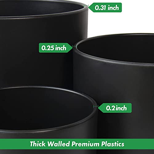 D'vine Dev 3-Pack Plastic Pots & Saucers, 6.5/8/10 in, Black, 74-V-B-4 | Multi-Size Options, Lightweight Durable, Matte Finish, Cylinder Shape, Drainage Holes, Sleek Design, Detachable Saucer - color: Matte Black, size: Large