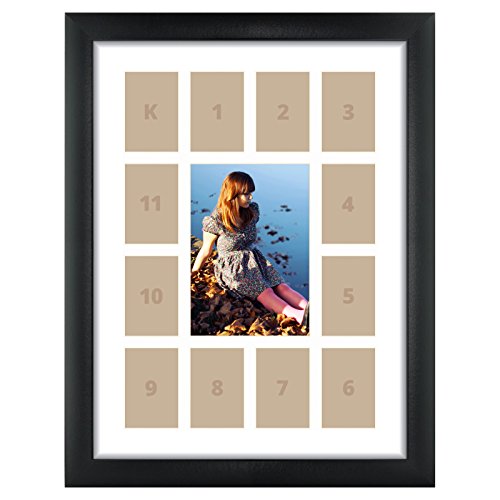 Craig Frames 1WB3BK 12 by 16-Inch Black Picture Frame, Single White Collage Mat with 13 Openings - color: 13-Opening School Year - 1" Border