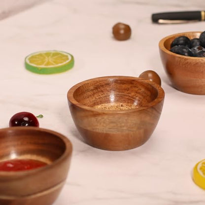 Acacia Wooden Bowls Set, Small Pinch Bowls for Sauces/Dips/Condiments, Mini Serving Bowls for Snacks/Appetizers/Side Dishes/Charcuterie Board, 3 oz Wooden Ramekins, Handmade Reusable, 4 pcs - size: D 3.15'' x H 1.57''