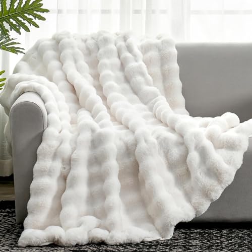 Cozy Bliss Faux Fur Throw Blanket for Couch, Fuzzy Soft Plush Thick Bubble Blanket for Sofa Bedroom Living Room, 50 * 60 Inches Cream White - color: Cream White, size: Throw(50" x 60")