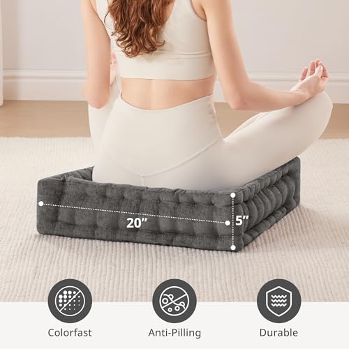 Intelligent Design Floor Pillow Meditation Cushion, 20x20 Charcoal | Sitting for Adults Yoga, Shredded Foam Filled, Chenille Tufted Cover, Handsewn Scalloped Edge, OEKO-TEX Certified - color: Charcoal