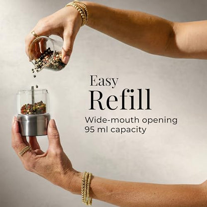 Styled Settings Electric Salt and Pepper Grinder Set, Silver | Automatic Stainless Steel Grinders, LED Light, Battery Operated, Adjustable Coarseness, Wood Base, Salt And Pepper Mill Set - color: Silver