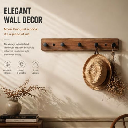 POZEAN Wooden Coat Rack Wall Mount, 2 Pack Wall Mounted Coat Hangers with 5 Smooth Round Hooks, Space Saving Organizer for Entryway,Bathroom, Clothes, Jackets, Hats, Keys(‎Brown Plate & Black Hooks)