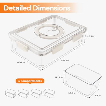 Divided Serving Tray with Lid & Handle, 4 Compartment Removable Snack Box, Kitchen Organizers and Storage, Snackle Box Container, BPA-Free Fruit Storage Container for Berry, Snack, Candy, Nuts…