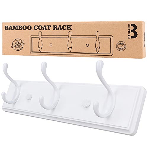 Heavy Duty Wooden Coat Rack, Wall-Mounted Organizer,14 Inch, White | 3 Double Hooks, Greater Storage Space for Hanging Towels, Bags, Hats, Jackets, Key - color: White, size: 3 Hooks