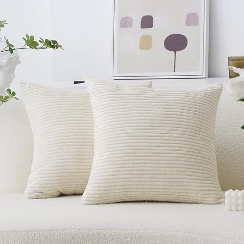 Home Brilliant Cream Throw Pillows Covers 16x16 Striped Velvet Square Pillow Covers Summer Decorative Set of 2, 40cm, 16 x 16 Inch, Cream Cheese - color: Cream Cheese, size: 16" x 16" (Pack of 2)