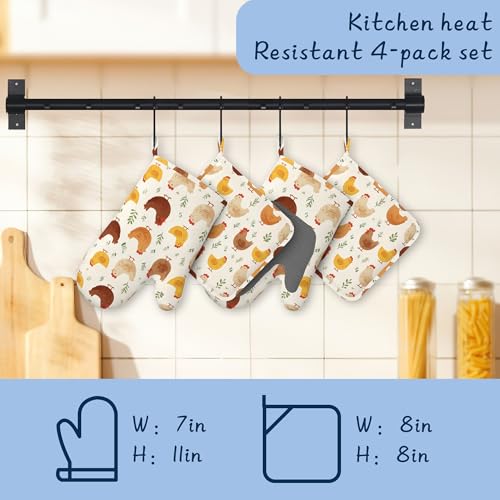 Kitchen Mitts Set,Farmhouse Chicken Oven Mitts and Pot Holders Sets,Thick Cotton Heat Resistant Rustic Hot Pan Holder Extra Long Cooking Mitts for Cooking Baking Grilling BBQ Bakeries - color: Farmhouse Chicken