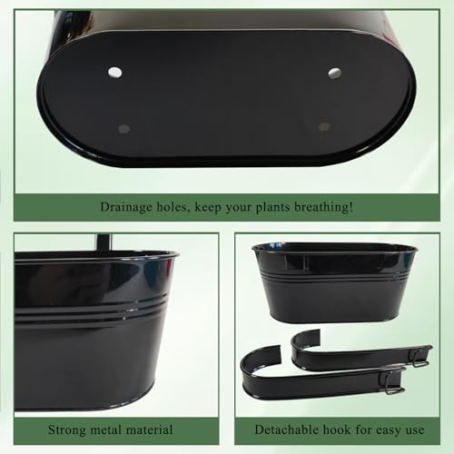 10" Metal Hanging Planter for Railing with Detachable Hooks, Black, 4 Pcs | Removable hook, Drainage hole, Rustproof, For flowers / herbs / succulents, veggies, For railings / fences / balconies - color: Black