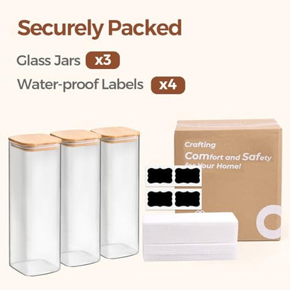 ComSaf Pasta Containers Storage 2.2 Qt, Spaghetti Jar, Set of 3 Tall Jars | Glass Storage Containers wtih Lids, 11.3-inch High Glass Kitchen Canisters Square, Cereal, Noodles, Oats, Dry Food, BPA Free - size: 2.2Qt*3