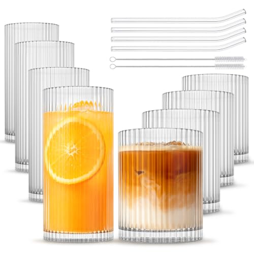 INSETLAN Set of 8 Vintage Glassware - 4 Highball Glasses 12 oz, 4 Rocks Glass Cups 14 oz, Ribbed Glassware Cocktail Glasses, Ideal for Wine, Juice, Water, Ice Coffee Cup, Whiskey, Mixed Drinkware