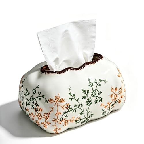 Vintage Floral Ceramic Tissue Box Cover, Decorative Rectangle Tissue Box Holder, Retro Farmhouse Tissue Holder for Bathroom Vanity Countertop，Living Room，Bedroom or Office (Green and Beige)