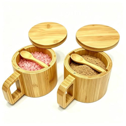 Bamboo Salt Cellar with Handle, 10oz Magnetic Swivel Lid & Spoon(2 Pack) | Food-Safe Bamboo Salt Cellar with Integrated Handle, 10oz Magnetic Swivel Lid & Spoon, for Kitchen Cooking & Grilling