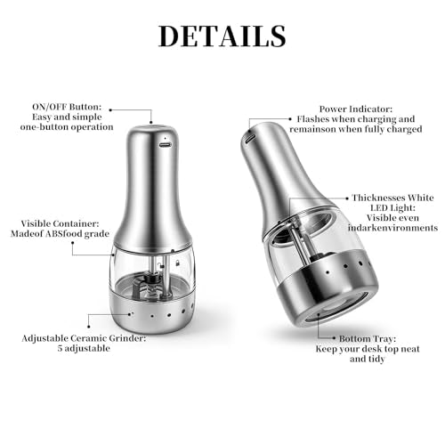 Electric Salt and Pepper Grinder Set - Larger Capacity Pepper Mill | Stainless Steel Automatic Salt and Pepper Shakers - 5 Adjustable Coarseness Rechargeable Pepper Grinder with LED Light