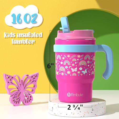 16oz Kids Insulated Tumbler w/Handle, 2 Pack Kids Toddler Water Bottle Cup | Leak-Proof Sip/Swig 2-in-1 Lids, BPA FREE 18/8 Stainless Steel Drinking Sippy Cup w/Straw Travel Mugs for Children Boys Girls - color: B3.Rainbow & Mermaid