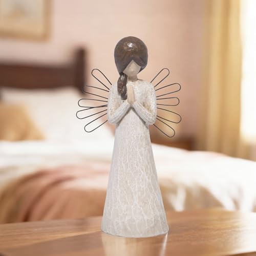 Hodao Praying Angel Figurine, 5.1in Hand-Painted Resin, Rustic Wood-Carved Look with Metal Wire Wings, Small Tabletop Decor for Home Indoor, Spiritual Figurines & Ornaments, Sympathy Gift - style: Z-praying-small