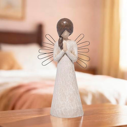 Hodao Praying Angel Figurine, 5.1in Hand-Painted Resin, Rustic Wood-Carved Look with Metal Wire Wings, Small Tabletop Decor for Home Indoor, Spiritual Figurines & Ornaments, Sympathy Gift - style: Z-praying-small