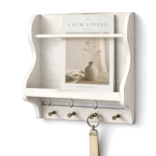 Pine Wood Mail Organizer Wall Mount with 7 Hooks for Home Decor, Whitewash | Mail Holder for Wall, Sunglasses and Wallets, Key Hanger, Farmhouse Magazine Holder, Wall Storage, Apartment Rustic Aesthetic - color: Distressed White
