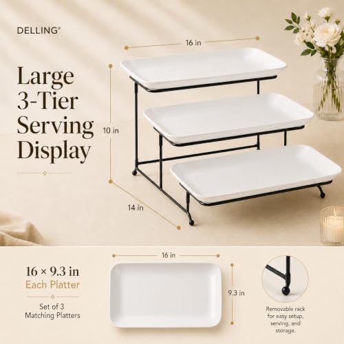 DELLING 3 Tier Serving Tray Set 16 Inch, Large Porcelain Tiered Platters with Collapsible Stand - Serving Dishes for Entertaining Dessert Table Party, Easy Assembly, White - size: 16 inch