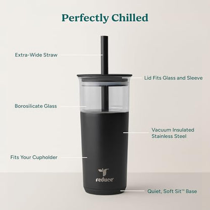 REDUCE Aspen - 20oz Vacuum Insulated Glass Tumbler - Extra Wide Straw & Lid | Keeps drinks cold for 12 hours, ideal for iced coffee, smoothies & boba, dishwasher safe, soft base - color: Phantom