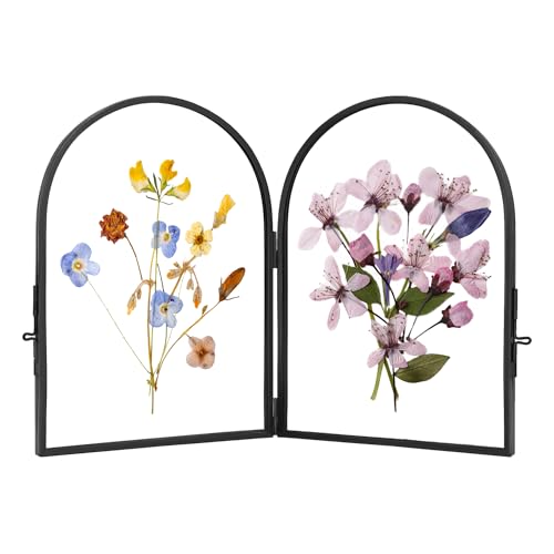 REDHUGO Double Glass Frame for Pressed Flowers Arc Black, 4×6 Inches | Handmade, Pressed Flower Frame, Hinged Tabletop Brass Photo Frames, Dried Flower Display Folding Picture Frame for Home - color: Black, size: 4L" x 6W"