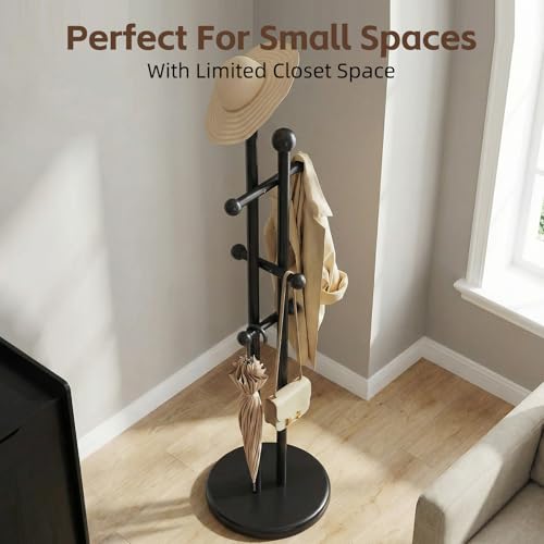 Uniclinens Wood Coat Rack Freestanding - Heavy Duty Freestanding Coat Rack, Wooden Coat Stand with 6 Hooks Creative Tree Branch-look for Entryway, Hallway, Bedroom (Black) - color: Black-2, size: 6 Hooks