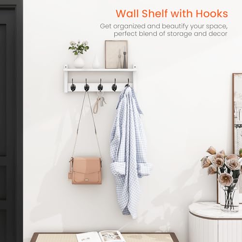 Wall Shelf with Hooks, Coat Rack Wall Mount with Pegs, Hanging Entryway Coat Hanger, Wood and Iron Shelf for Bathroom, Hallway, Bedroom, White - color: White, size: 17.1 Inch Long