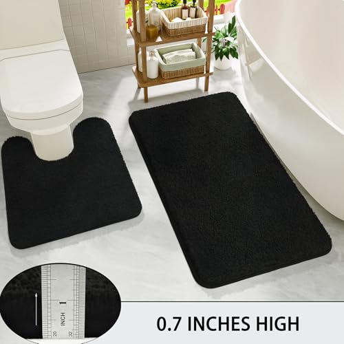 Black Bathroom Rug Set 2 Piece Bath Mat 21x34'' &U Shape Toilet Rug 21x21'' | Absorbent,Washable,Non Slip Bathroom Rugs Sets,Contour Mat for Toilet - color: Black