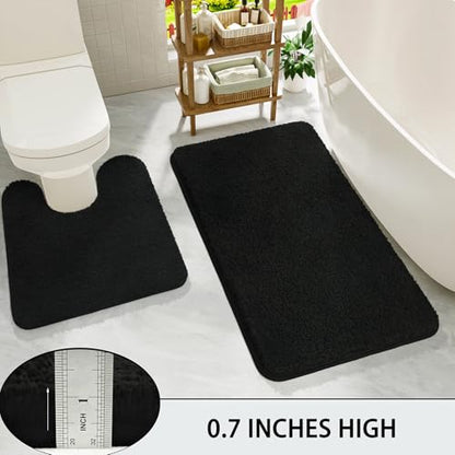 Black Bathroom Rug Set 2 Piece Bath Mat 21x34'' &U Shape Toilet Rug 21x21'' | Absorbent,Washable,Non Slip Bathroom Rugs Sets,Contour Mat for Toilet - color: Black