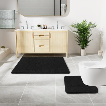 LOCHAS Bathroom Rugs Sets 2 Piece, 20''x20'' & 34''x21'', Black | Non Slip U-Shaped Toilet Rug, Chenille Washable Absorbent, Soft Bath Mat Set for Shower, Sink - color: Black
