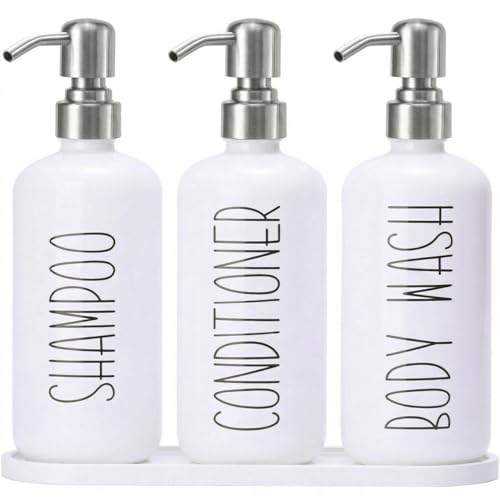 MOMEEMO Refillable Shampoo and Conditioner Bottles with Tray, White | Shower Shampoo Dispenser for Shower, Body Wash Dispenser for Shower, Shampoo Conditioner Dispenser with Stainless Steel Pumps - color: White Silver