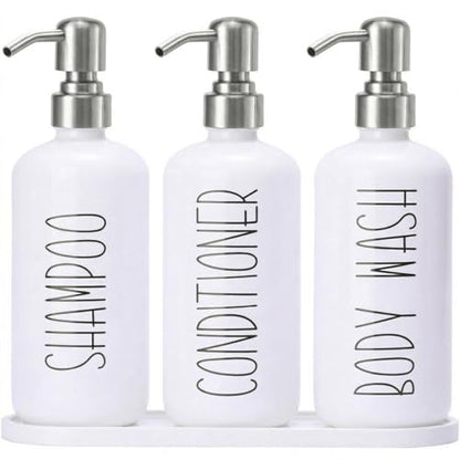 MOMEEMO Refillable Shampoo and Conditioner Bottles with Tray, White | Shower Shampoo Dispenser for Shower, Body Wash Dispenser for Shower, Shampoo Conditioner Dispenser with Stainless Steel Pumps - color: White Silver
