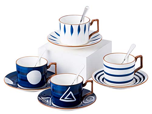 Jusalpha- 7OZ Porcelain Tea/Coffee Cup With Spoon Saucer Set, Serve of 4 | Japanese style hand printed design