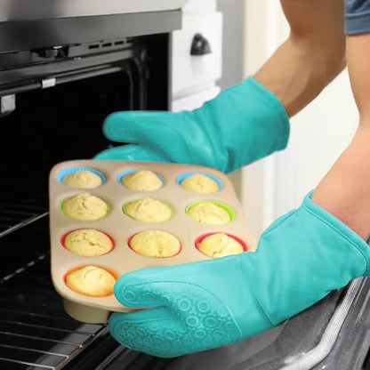 BPA-Free Soft Silicone Oven Mitts - Ultra Heat Resistant Oven Mitts with Thick Cotton Liner - Long Slip Resistant Pot Holders, Flexible Oven Gloves - Turquoise 13.7" - color: Turquoise, size: 2-Piece 13.7" Oven Mitts