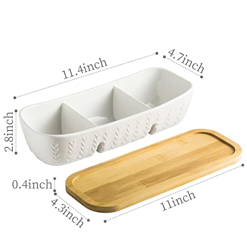 Miamolo Chip and Dip Set Bowl with Divided Serving Tray, Hosting Essentials | Acacia Wood Tray, Ceramic Serving Bowls | Condiment Tray for Dipping Sauces, Party | Kitchen Counter Decor, Microwave Safe - size: Large-11 inches