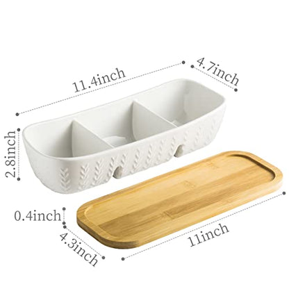 Miamolo Chip and Dip Set Bowl with Divided Serving Tray, Hosting Essentials | Acacia Wood Tray, Ceramic Serving Bowls | Condiment Tray for Dipping Sauces, Party | Kitchen Counter Decor, Microwave Safe - size: Large-11 inches