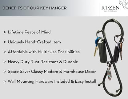 Farmhouse Small Key Holder for Wall, Wrought Iron Wall Mount Rack | Handcrafted Swirl Decorative, 5 Key Hooks for Home Entryway, Purse, Coat and Leash Holder or Organizer (Infinity Black) - style: Infinity