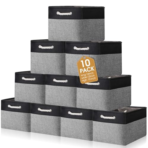 FoldTier 10 Pack Large Collapsible Fabric Storage Baskets with Handles Decorative Storage Bins for Organizing Shelves Toys Clothes(Black & Gray,16 x 12 x 10 Inches) - color: Black & Gray, size: 16 x 12 x 10 inches