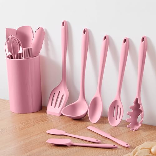 LIANYU 14 Pcs Silicone Cooking Utensils Set with Holder, Pink | Kitchen Utensils Set for Non-Stick Cookware, 446°F Heat Resistant Cooking Tools with Comfort Grip Handle, Dishwasher safe - color: Pink
