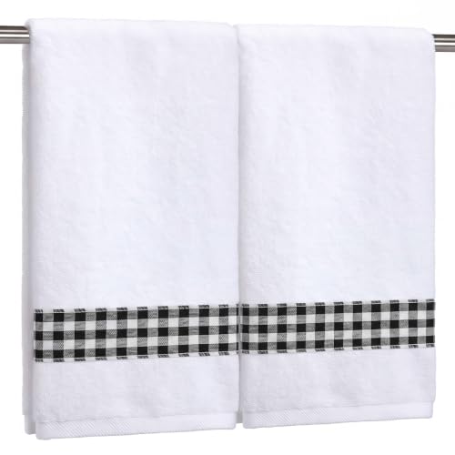 2 Pcs Farmhouse Hand Towels with Black and White Buffalo Check Edge for Bathroom 100% Cotton Guest Fingertip Towel 29.5" x 13.8" Rustic White Hand Towels Decor for Bathroom Kitchen Hotel - color: Black and White Buffalo Check