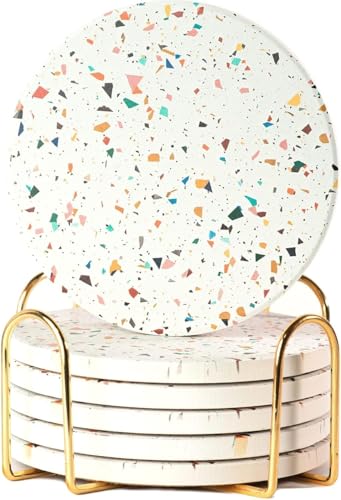 Terrazzo Coasters Set of 6, Colorful Boho Absorbent Ceramic Coasters | Speckled terrazzo drink coasters for coffee table & desk; moisture-absorbing stone, boho home decor, housewarming gift - color: Confetti