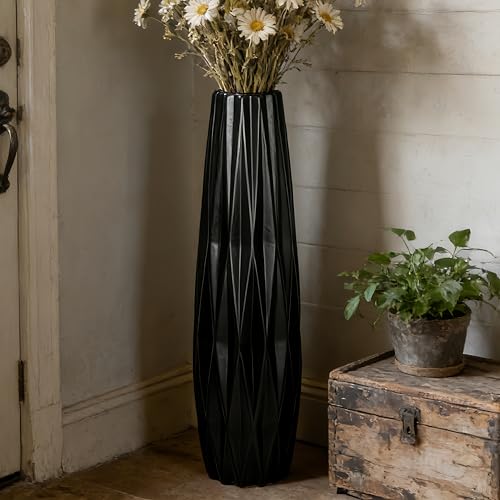 Black Tall Ceramic Floor Vase, 24 Inch, Ribbed Design | Matte Finish, Living Room, Fireplace, Entryway, Pampas Grass - size: 24 Inch