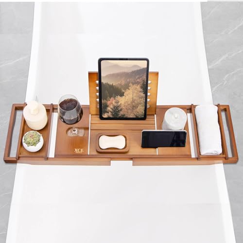 Bamboo Bathtub Caddy Tray with Book Stand & Soap Holder, Brown | Expandable to 41 Inches & Anti-Slip Pads for Luxury Bath Spa - color: Brown