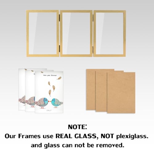 WUTL 3 Picture Frame Triple Collage 5x7 Frames with Real Glass Golden | Trifold Photo Frame, Hinged Foldable, Crystal Clear Real Glass - color: Gold, size: 5x7